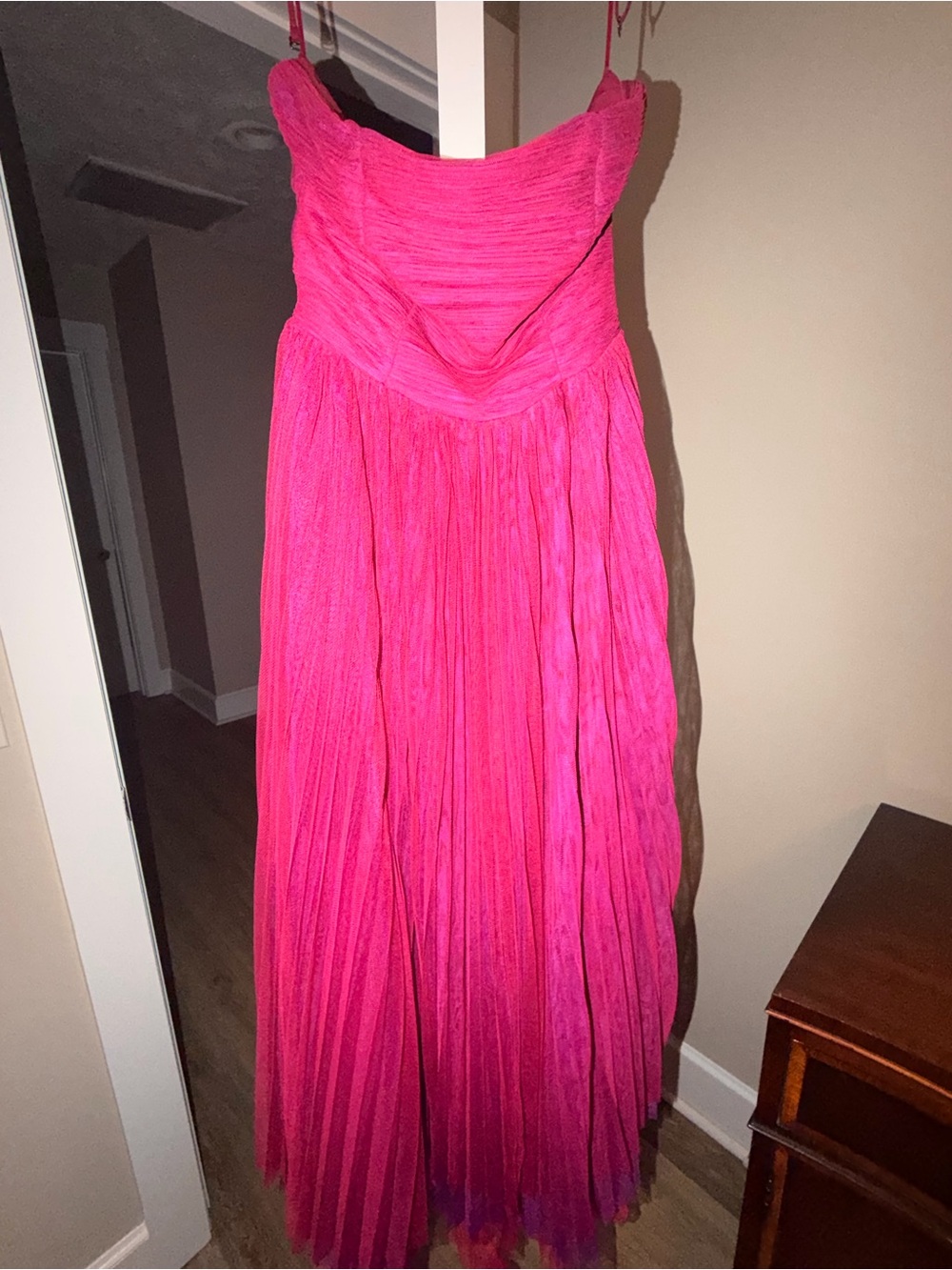 Lucy Paris Strapless Pleated Maxi Dress in Hot Pink